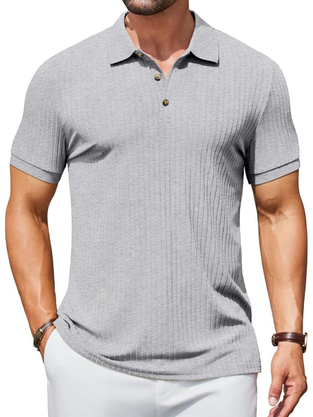 Men's Dark Grey Textured Polo Shirts Short Sleeve Slim Fit Button Polo Casual